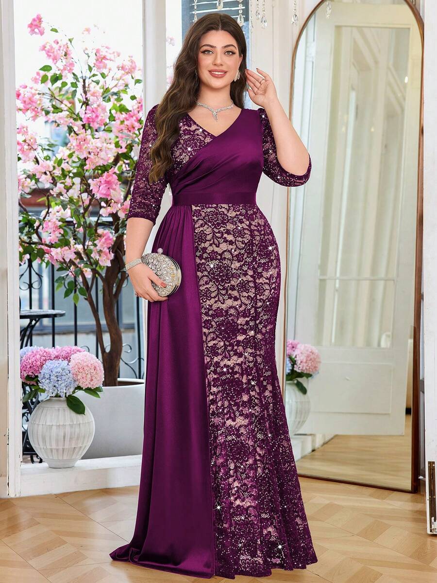 大码优雅V领花卉蕾丝撞色缎面垂褶侧边正式派对长裙，情人节礼服，舞会晚宴婚礼宾客礼服，毕业典礼，春季晚宴