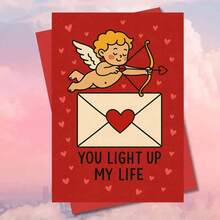 1pc Cupid With Heart Envelope You Light Up My Life Card Greeting Card Romantic Red Love Design With Angel Archer Illustration Perfect Valentine Expression Of Affection, Great For Friends, Lovers, Partners, Colleagues, Spouses, Special Someone