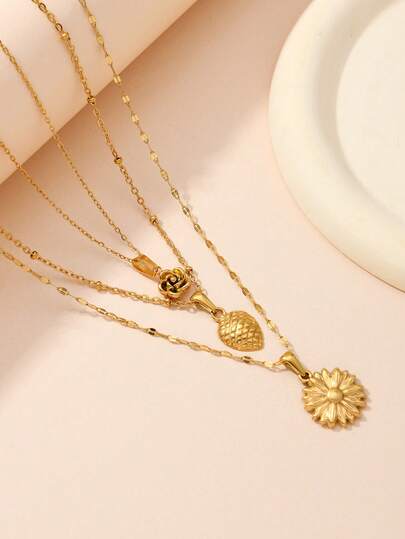 2026新款不锈钢玫瑰花雏菊松果链条项链套装（3件套），可叠戴，适合女性、女友、闺蜜、妈妈，母亲节/情人节礼物。