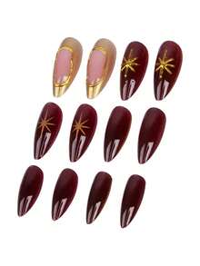 24pcs Asymmetrical Golden Circle & Star Asymmetrical Almond Shaped Press-On Nails Set, Elegant & Casual, Suitable For Graceful Ladies For Daily Life And Shopping - Burgundy - View 6