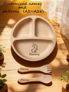 7pcs Baby Tableware Set, Customizable With Name & Pattern, Baby Gift, Bib, Plate, Bowl, Cup, Fork & Spoon, Teether