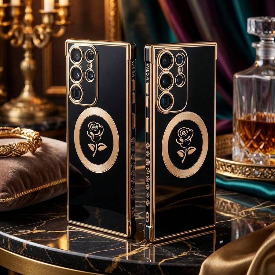 Magnetic Luxury Black & Gold Rose Design Phone Case - Compatible With Samsung & Compatible With IPhone - Black - View 1