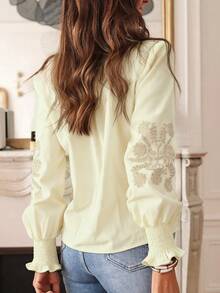 Casual Vacation Embroidered Floral Print Shirt With Ribbed Embroidered Applique Spring - Apricot - View 2