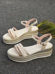 Summer Fashion Women's Wedge Sandals, Bohemian Style Rivet Open-Toe Design With Ankle Strap, Breathable And Comfortable Casual Elegant Flat Shoes - Beige - View 3