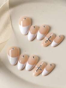 10pcs Acrylic Press On Nails Almond Nails French Style White Cross Strobe Nails Press On Nail Supplies Short Nails Fake Nails Artificial Nails Kit Includes 1sheet Adhesive Tabs &1 Pc Mini File - Multicolor - View 1