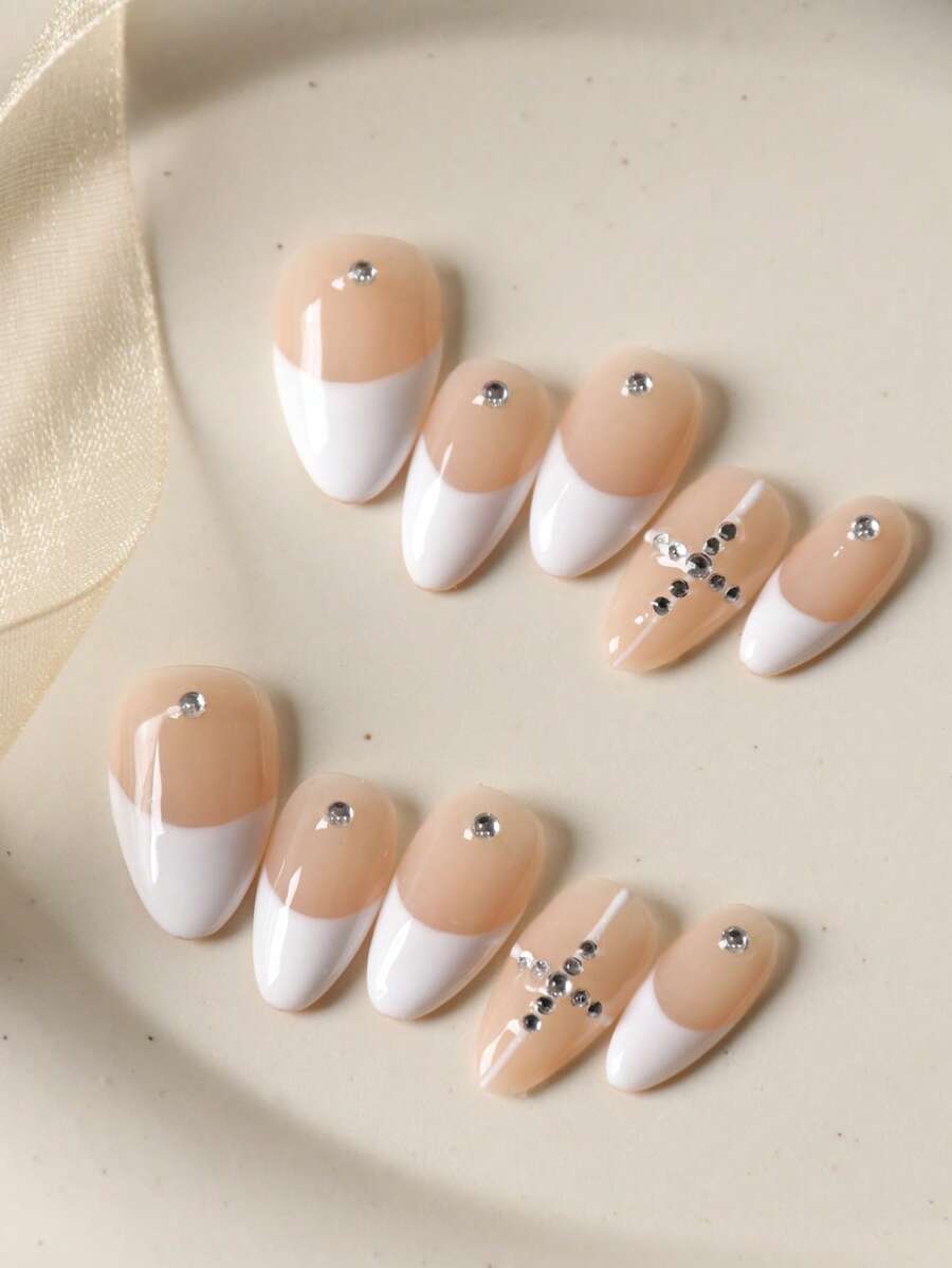 10pcs Acrylic Press On Nails Almond Nails French Style White Cross Strobe Nails Press On Nail Supplies Short Nails Fake Nails Artificial Nails Kit Includes 1sheet Adhesive Tabs &1 Pc Mini File - Multicolor - View 1