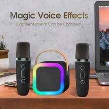 两件套卡拉OK麦克风套装。独特风格，是情人节、生日礼物的理想之选；音质空灵，人声迷人，宛如仙境，炫酷LED灯，支持蓝牙、TF卡、AUX输入、耳机监听模式，是家庭聚会的惊喜之选，也是珍贵的节日礼物，户外活动的必备佳品。扬声器电池：DC3.7V-800mAh，麦克风电池：DC3.7V-300mAh