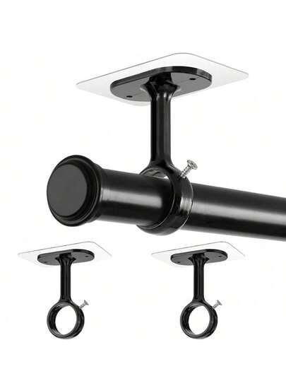 2 pièces Supports de tringle à rideaux, Supports de tringle à rideaux montés au plafond, Tringles à rideaux autoadhésives robustes, Crochets de rideaux réglables, Convient pour armoire, chambre à coucher, salle de bain, cuisine, appartement (noir et blanc)