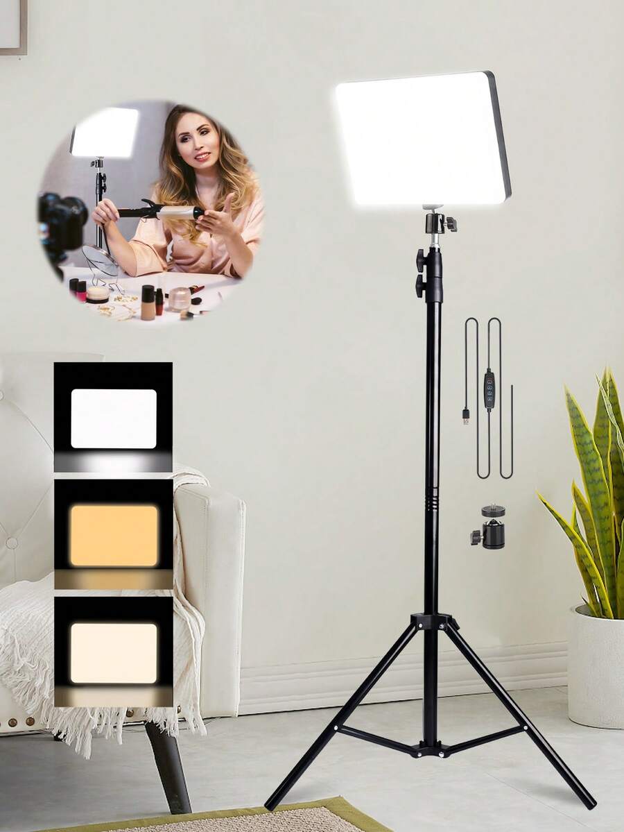 Đèn LED chiếu video điều chỉnh được 10 inch kèm chân đế 63" và giá đỡ điện thoại – 3 nhiệt độ màu, có thể điều chỉnh độ sáng, thích hợp cho phát trực tiếp, chụp ảnh, họp Zoom và làm vlog. Phù hợp cho chụp ảnh, quay video, phát trực tiếp, họp Zoom, làm vlog, có chân đế. Đèn selfie, đèn điện thoại. Thích hợp cho chụp ảnh, quay video, phát trực tiếp, họp Zoom, làm vlog, có chân đế. Chụp ảnh, quay video, phát trực tiếp, họp phòng, làm vlog. - màu đen - Xem 1