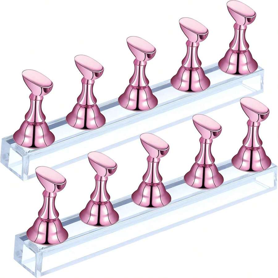 Magnetic Nail Stand Press-On & Acrylic Nails – Pcs Transparent Double-Sided Adhesive Nail Art And Design, Home Or Salon Use (Pink) - Pink - View 1