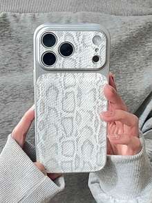 1pc Stylish Advanced White Crocodile Texture Artificial Leather Silver Border Phone Cover Case Compatible With IPhone 17 16Plus 15Pro 14 17Pro Max - White - View 2