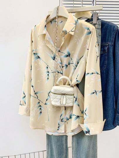 YUXIN Women's Retro Bamboo Leaf Printed Chiffon Shirt, Loose Collared Long Sleeve, Versatile For Office & Casual, Breathable Slimming Top For Spring & Autumn