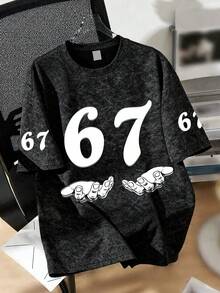 Boys' Number 67 & Handprint Graphic Round Neck Short Sleeve T-Shirt, New Spring/Summer Kids Clothing
