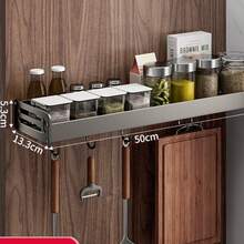 New Space Aluminum Spice Rack | No-Drill Wall-Mounted Kitchen Organizer | Multi-Functional Storage Shelf With Hooks For Seasonings & Household Kitchen Supplies - Light Grey - View 12