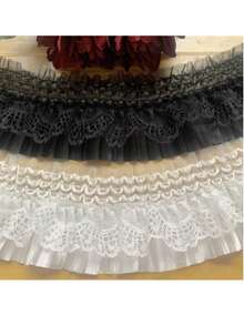 1 Yard Elastic Lace Ruffle Trim, Pleated Curtain Valance Dress Fabric, Black & White Lace Trim, Approx. 9cm Wide - White - View 6