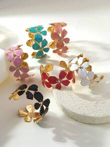 VceTd 1 pieza Brazalete de mujer con diseño floral 3D asimétrico minimalista, brazalete abierto de acero inoxidable con esmalte multicolor, adecuado para uso diario, fiestas, galas, bodas, regalo del Día de San Valentín - Amarillo Oro - Ver 5