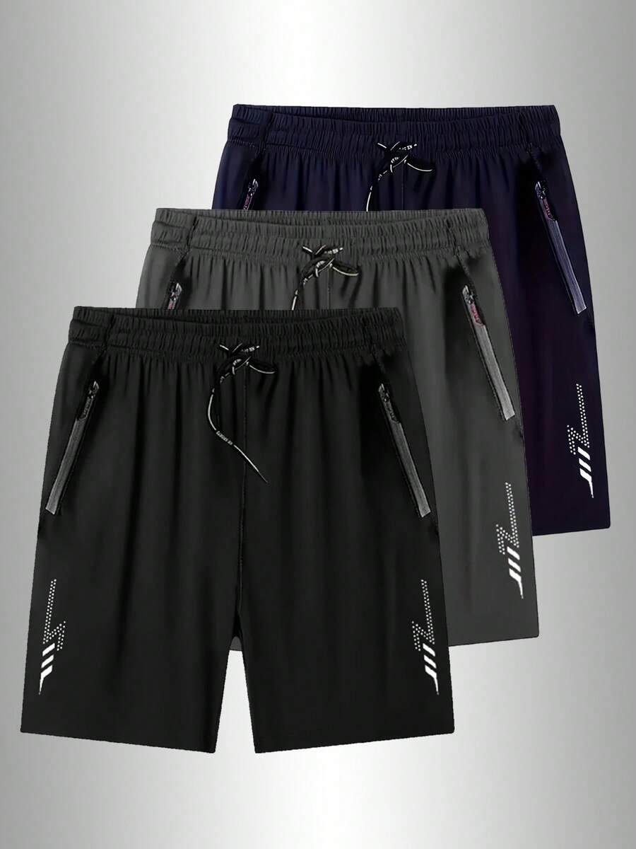 加大码男士夏季休闲户外运动短裤，闪电印花，可调节抽绳腰带和安全拉链口袋，适合日常穿着、跑步、健身和户外活动，黑色 - 黑色 - 查看 1