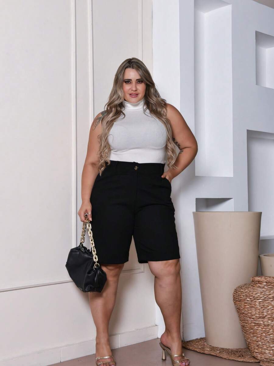 Women's Plus Size Bermuda Shorts In Linen Fabric, Simple And Elegant, With Zipper, Button And Pockets - 黑色 - 查看 1
