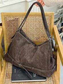 Large Size Shoulder Tote Bags For Women PU Suede Solid Color Big Capacity Shopping Hobo Bag Handbags Luxury Tote Handbag Cross Body Tote Bag For Work, Shopping, Dating, Travel, College Students, Women's Bag, Daily Use - 咖色 - 查看 3