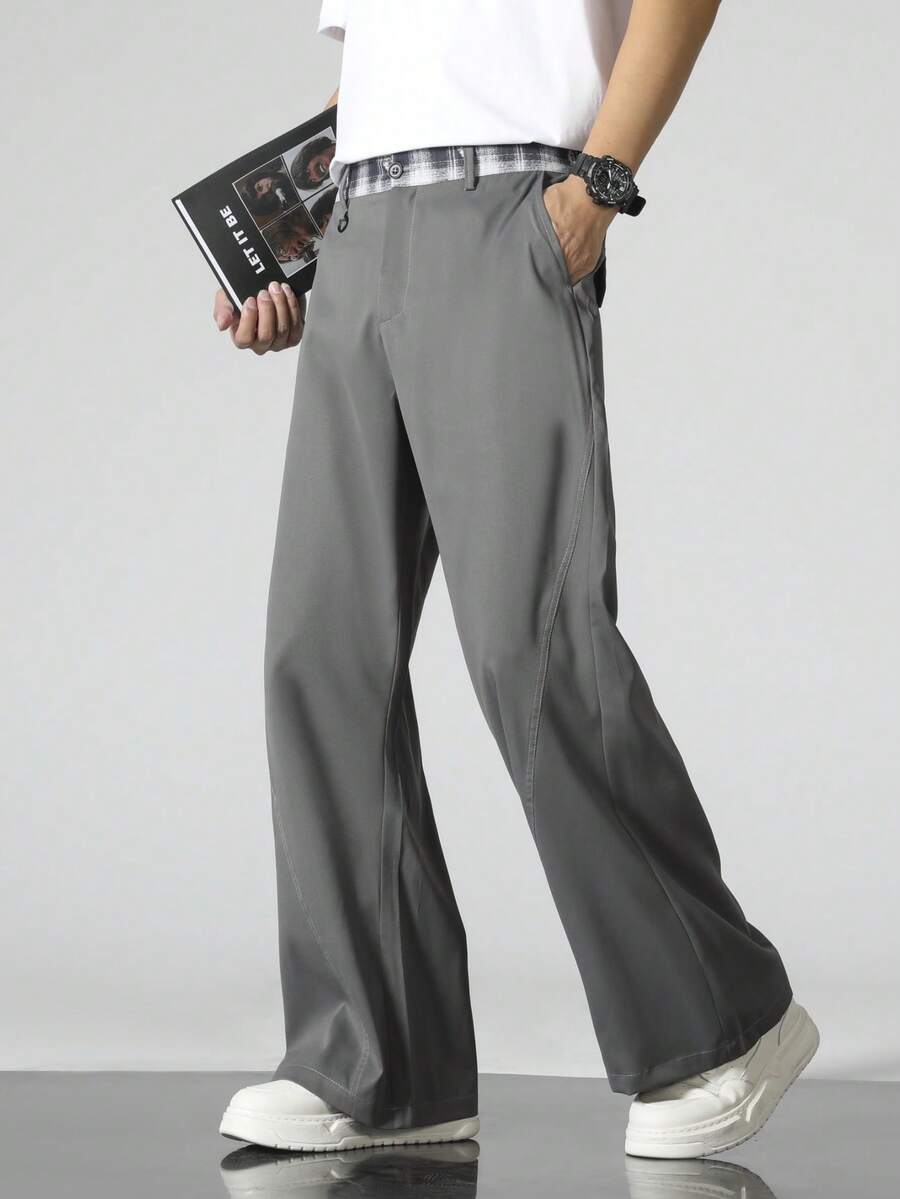 Men's Fashion Plaid Waistband Loose Flare Pants, Grey