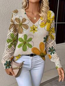Printed Sweater: Elegant Bohemian Floral V-Neck Long-Sleeve Pullover. The Entire Piece Is Printed, A Women's Knitted Sweater, Suitable For Spring And Summer, And A Four-Season Style Essential For Home Wear And Travel. Available In 5 Colors. - màu xanh lá - Xem 1