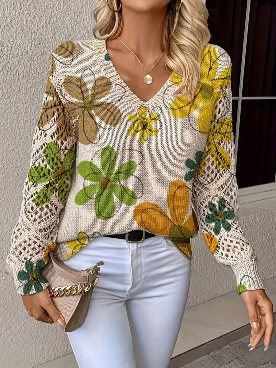 Printed Sweater: Elegant Bohemian Floral V-Neck Long-Sleeve Pullover. The Entire Piece Is Printed, A Women's Knitted Sweater, Suitable For Spring And Summer, And A Four-Season Style Essential For Home Wear And Travel. Available In 5 Colors. - màu xanh lá - Xem 1