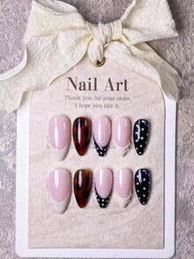 10 قطع أظافر مصنوعة يدويًا للضغط عليها، أظافر قصيرة، أظافر مزيفة، طقم فن الأظافر، مناكير فرنسي، شكل اللوز، جميلة، نقاط، وردي، أبيض، أحمر، أسود، سطح مطلي بالجل، طراز أنيق بسيط، مناسبة للسيدات والفتيات للحفلات - متعدد الألوان - مشاهدة 14