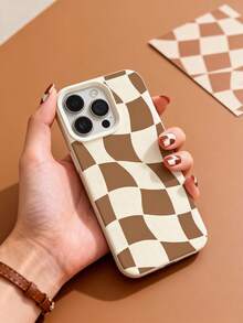 适用于 16 Pro Max/15 Plus/14 Pro 的 1 件装手机壳，个性独特，亲肤软胶材质，美式复古风格，焦糖色波浪纹棋盘格印花，轻薄防滑 - 米色 - 查看 4