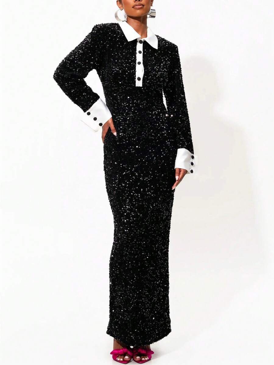GLOURI Women's Royal Blue Sequin Maxi Dress - Contrasting White Collar & Cuffed Sleeve With Black Button Detail | Sleek Fitted Style For Evening Galas, Red Carpet Moments & Party Nights (Sequin-Laden Luxurious Fabric & Figure-Flattering) For Eye-Catching Gl - 黑色 - 查看 1