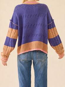 Womens Fall Winter Sweater Loose Fit Casual Contrast Color Ribbed Trim Crew Neck Long Sleeve Knit Tops - Purple - View 5