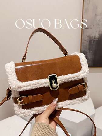 1pc Mini Patchwork PU Leather Cute Plush Trim Flap Magnetic Closure Small Square Shoulder Bag