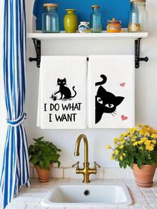 2Pcs Polyester Funny Cat Kitchen Towels, Decorative Dish Towels For Cat Lover, Housewarming Gifts, Wedding Shower Gift, Fun Hostess Kitchen Decor - White - View 3