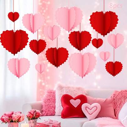 8Pcs Valentines Day Ornaments Paper 3D Heart Hanging Decorations For Ceiling Wall Wedding Holiday Party, Autumn And Winter Decoration, Valentine's Day Gift, Classic Elegance,  , High Repurchase Rate