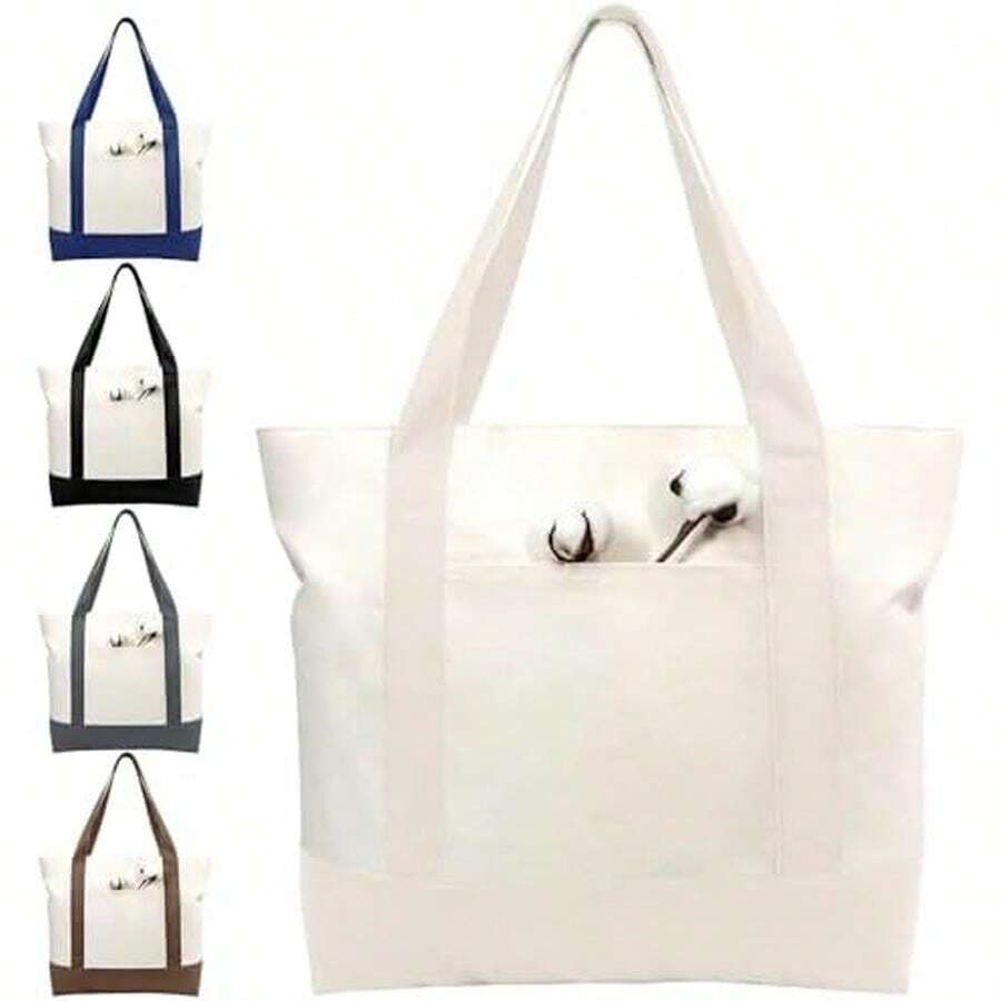 Bolsas de Mujer,Bolsa de Lona con Cremallera,con Bolsillos Exteriores,Bolsa de la Compra Reutilizable,Adecuada para el Colegio,Ir de Compras,Viajar - Un beige - Ver 1