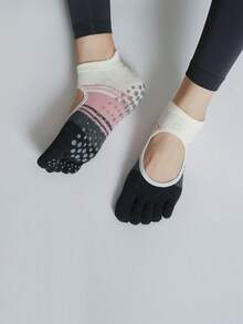 Calcetines sin talón con agarre de 5 dedos, calcetines de tobillo con bloques de color para yoga, pilates, danza, calcetines de estudio transpirables