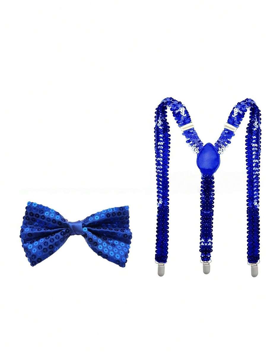 1套闪光吊带和领结套装，男女通用弹力吊带和领结套装 - 彩色 - 查看 1