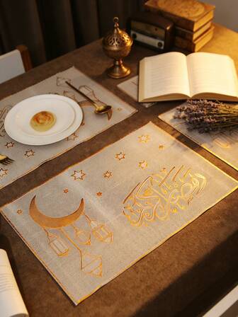 6/12pcs Gold Star & Moon Placemat, PVC Hollow Vase Mat 45*30cm, Washable, Easy To Clean, Wipe-Able, Non-Slip, Heat-Resistant, Suitable For Room, Dining Table, Home, Party Decoration, Fit For Holiday, Party, Gathering, Birthday, Wedding, Gift, Dinner, Outdoor, Picnic