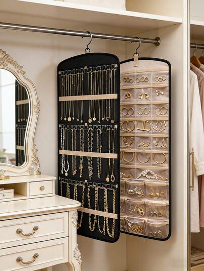 1pc Hanging Jewelry Organizer Box, Necklace Holder Tangle-Free Earring Hanger Rack, Jewelry Pouch Travel Roll With Pockets, Suitable For Wardrobe, Wall, Black, Necklace Jewelry Storage Box, Great For Women, Summer Travel, Back To School Gift, Halloween Gift, Valentine's Day Gift