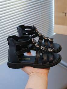 Girls' Roman Sandals, New Spring/Summer 2025 Collection, Korean Fashion, Summer, Little Girls' High-Top Princess Shoes - Black - View 4