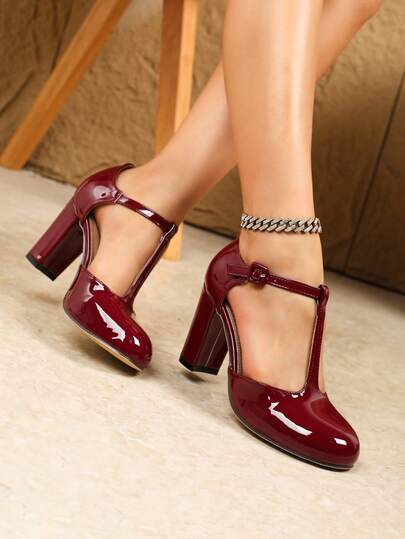 Tacones Mary Jane de plataforma con punta redonda y correa en T para mujer, con cierre de hebilla para facilitar el uso, adecuados para fiesta/boda/Navidad/trabajo/primavera y otoño, tacones altos burdeos, zapatos cómodos para mujer, formal de negocios/vacaciones