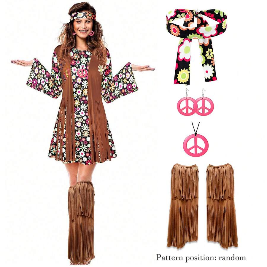 Set di costumi hippie anni '70/'60, accessori da donna anni '70, abito da discoteca per ragazze, giacca da equitazione, set di accessori leggings, abbigliamento da donna per l'autunno - Multicolore - Visualizzare 1