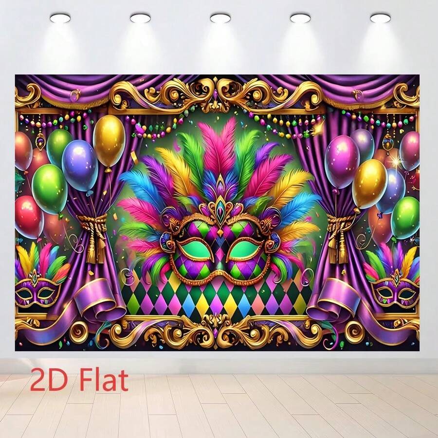 1 banner de fundal pentru carnaval - petrecere cu mască colorată cu baloane colorate, design cu margine aurie, potrivit pentru alinierea carnavalului, fundal pentru cabină foto, aniversare, petrecere tematică, accesorii pentru petreceri, decorare interioară/exterioară, perete, terasă în grădină, fundal decorativ pentru balcon, sărbătoare - Multicolor - Vizualizare 1