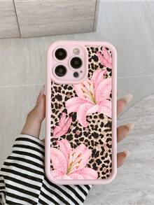 1 pieza Funda de teléfono de TPU a prueba de golpes con estampado minimalista de lirio rosa, mariposa y leopardo, compatible con Apple 17, 16, 15, 14, 13, 12, 11 Pro Max, Air y Series - Multicolor - Ver 1