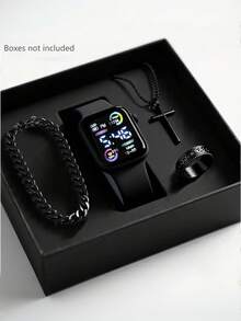 4pcs/Set Men's Business Casual Square Electronic Watch And Necklace, Ring, Bracelet Set, Casual And Fashionable Style, The Best Choice For Gift Giving, Suitable For Men's Gatherings, Daily Wear On Business Trips, Perfect Gift For Friends, Birthday Gift, Father's Day, Christmas, Halloween, Men's Ideal Gift(Box Not Included) - Black - View 11