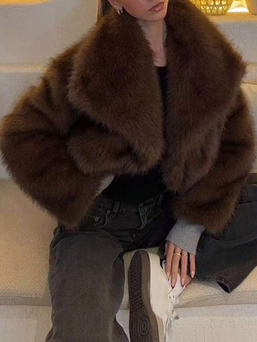 Seelio 秋冬新款加厚仿狐狸毛领仿皮草短外套，青春优雅中长款皮草大衣度假款