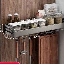 New Space Aluminum Spice Rack | No-Drill Wall-Mounted Kitchen Organizer | Multi-Functional Storage Shelf With Hooks For Seasonings & Household Kitchen Supplies - Light Grey - View 13