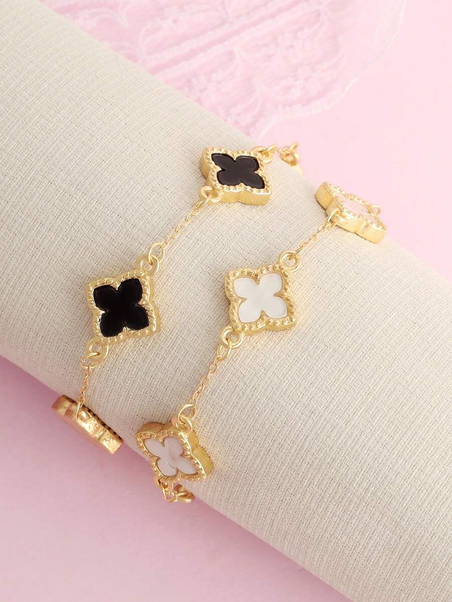 2 piezas Pulseras elegantes y versátiles con encantos de trébol de cuatro hojas y flor de cuatro pétalos de lujo y moda para mujeres - Multicolor - Ver 1
