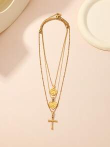 20226 Spring Summer New Virgin Mary Statue ,Heart Shaped ,Cross Necklace Jewelry Sets For Women ,Mom,Valentine's Day ,Mother's Day ,Sister ,Best Friend Gifts - Gold - View 3