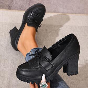 2025 Dam Slip-On Högklackade Skor, Enfärgade Preppy Style PU Läder Rosettdekor Kontorsskor, Vår/Höst