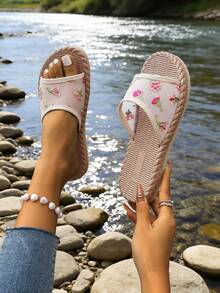 New Women's Mesh Embroidered Flat Beach Slippers, Mesh Material With Large Floral Embroidery Design, Suitable For Beach, Vacation, Outdoor And Home Wear - Beige - View 7